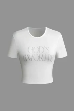 MICAS T-Shirts-GOD'S FAVORITE Rhinestone Decor Crop T-shirt