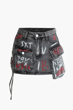 MICAS Skirts-Graffiti Flap Pocket Denim Mini Skirt
