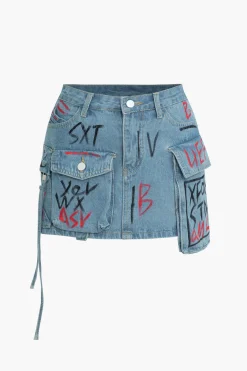 MICAS Skirts-Graffiti Flap Pocket Denim Mini Skirt
