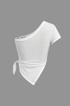 MICAS Tank Tops & Cami-Guitar Print One Shoulder Knot Side Tank Top LIGHT GRAY