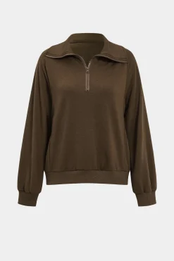 MICAS Pant Sets-Half Zip Drawstring Wide Leg Pants Set BROWN