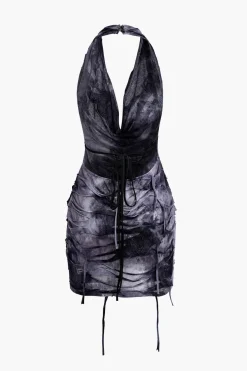 MICAS Mini Dresses-Halter Backless Distressed Mini Dress