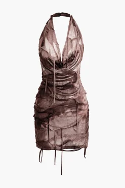 MICAS Mini Dresses-Halter Backless Distressed Mini Dress