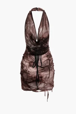MICAS Mini Dresses-Halter Backless Distressed Mini Dress