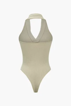 MICAS Bodysuits-Halter Backless Polo Collar Bodysuit BEIGE