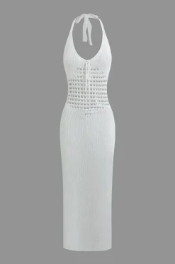 MICAS Knit Dresses-Halter Neck Backless Crochet Knit Dress WHITE