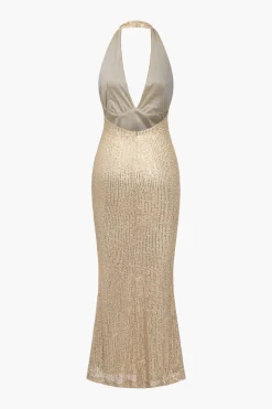 MICAS Maxi Dresses-Halter Neck Backless Sequin Maxi Dress CHAMPAGNE BEIGE