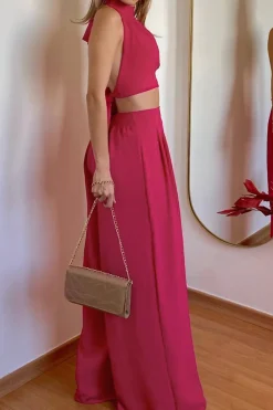 MICAS Pant Sets-Halter Neck Backless Top And Pleated Pants Set RASPBERRY