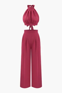 MICAS Pant Sets-Halter Neck Backless Top And Pleated Pants Set RASPBERRY