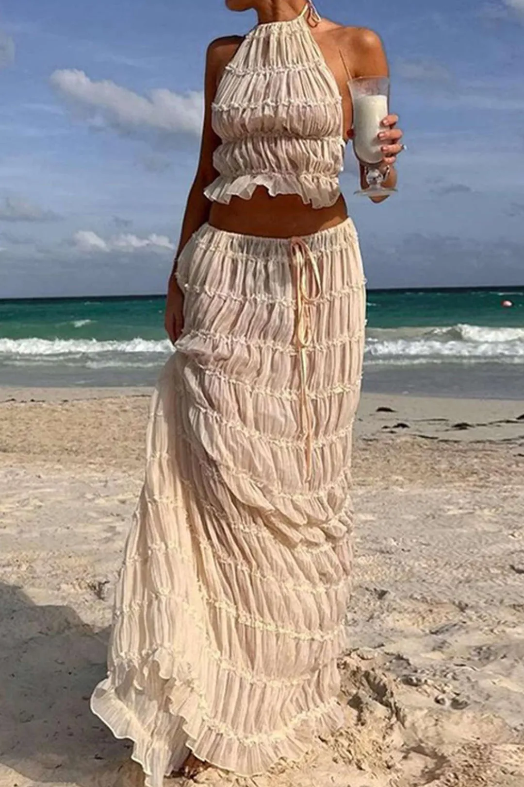 MICAS Skirt Sets|Vacation Sets-Halter Neck Tie Ruched Backless Ruffle Skirt Set