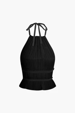 MICAS Skirt Sets|Vacation Sets-Halter Neck Tie Ruched Backless Ruffle Skirt Set