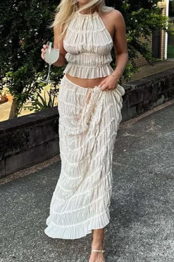 MICAS Skirt Sets|Vacation Sets-Halter Neck Tie Ruched Backless Ruffle Skirt Set