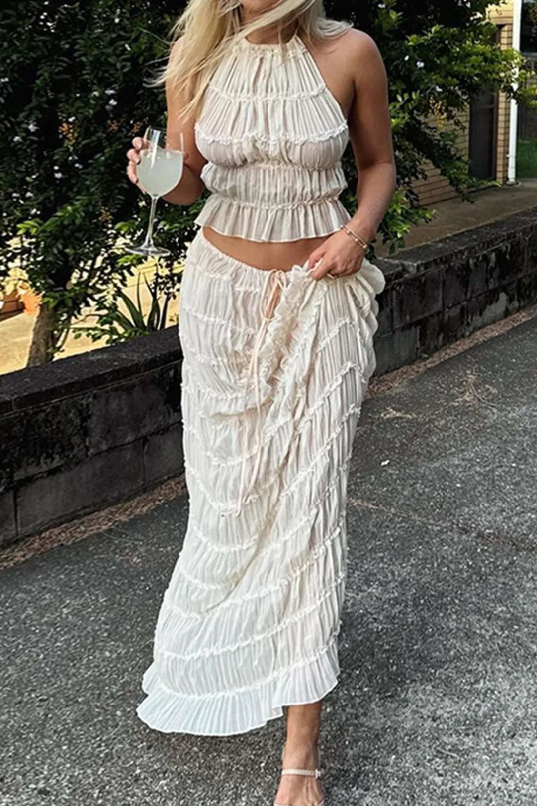 MICAS Skirt Sets|Vacation Sets-Halter Neck Tie Ruched Backless Ruffle Skirt Set