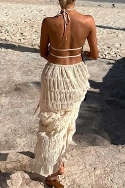 MICAS Skirt Sets|Vacation Sets-Halter Neck Tie Ruched Backless Ruffle Skirt Set