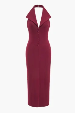 MICAS Midi Dresses-Halter V-neck Sleeveless Midi Dress BURGUNDY