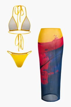 MICAS Vacation Sets|Swimwear-Halter Wrap Cover Up Three-Piece Bikini Set MULTICOLOR