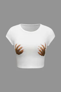 MICAS T-Shirts-Hands Print Round Neck Crop T-shirt