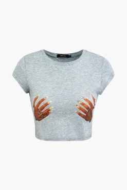 MICAS T-Shirts-Hands Print Round Neck Crop T-shirt