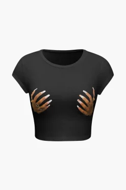 MICAS T-Shirts-Hands Print Round Neck Crop T-shirt
