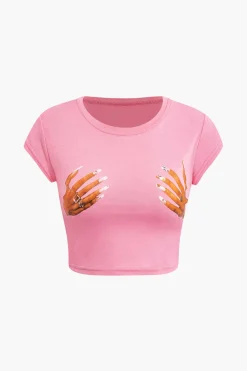 MICAS T-Shirts-Hands Print Round Neck Crop T-shirt