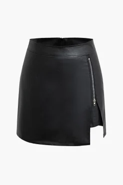 MICAS Skirts-High Waist Faux Leather Zipper Mini Skirt