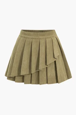 MICAS Skirts-High Waist Pleated Asymmetrical Corduroy Skirt KHAKI