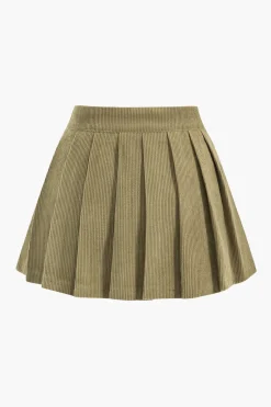 MICAS Skirts-High Waist Pleated Asymmetrical Corduroy Skirt KHAKI