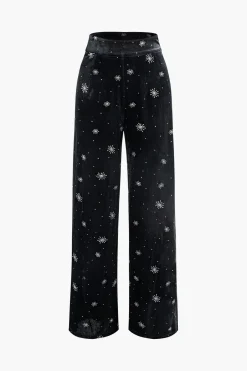 MICAS Pants-High Waist Velvet Snowflake Pattern Straight Leg Pants BLACK
