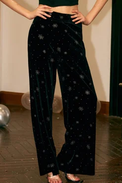 MICAS Pants-High Waist Velvet Snowflake Pattern Straight Leg Pants BLACK