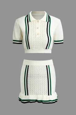 MICAS Knit Sets-Hollow Out Polo Knit Crop Top And Skirt Set Contrast Color