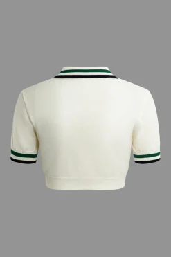 MICAS Knit Sets-Hollow Out Polo Knit Crop Top And Skirt Set Contrast Color