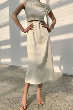 MICAS Midi Dresses-Hollow Out Short Sleeve Midi Dress BEIGE