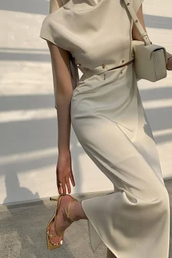 MICAS Midi Dresses-Hollow Out Short Sleeve Midi Dress BEIGE