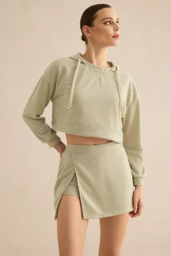 MICAS Skirt Sets-Hooded And Slit Mini Skirt Set KHAKI