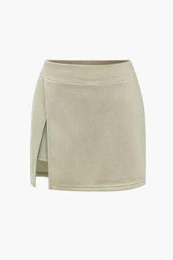 MICAS Skirt Sets-Hooded And Slit Mini Skirt Set KHAKI