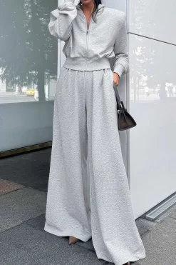 MICAS Pant Sets-Hooded Zipper Detail Top And Wide Leg Trousers Set LIGHT GRAY