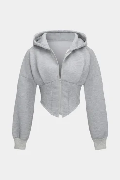 MICAS Outerwear|Outerwear-Hooded Zipper Long Sleeve Jacket LIGHT GRAY