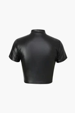 MICAS T-Shirts-Hook And Eye Faux Leather T-Shirt BLACK