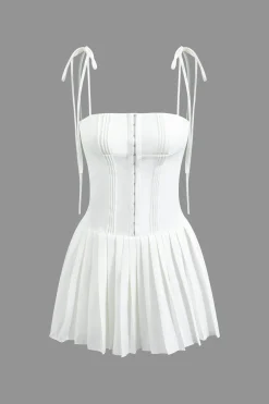 MICAS Mini Dresses-Hook And Eye Front Zip Up Back Pleated Cami Mini Dress WHITE