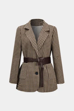 MICAS Outerwear|Outerwear-Houndstooth Notched Lapel Belted Blazer CREAM YELLOW