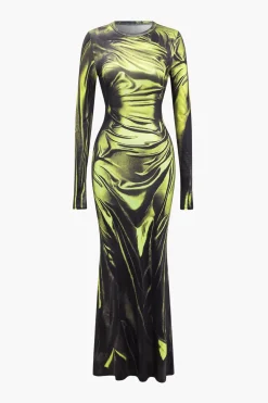 MICAS Long Sleeve Dresses|Maxi Dresses-Illusion Pattern Print Long-Sleeve Maxi Dress NEON YELLOW