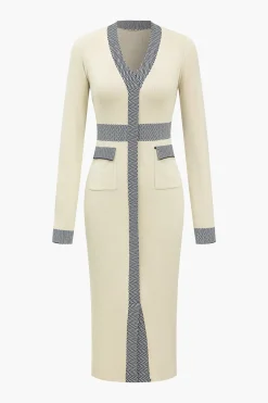 MICAS Long Sleeve Dresses|Knitwear-Illusion Pattern Print Pocket Long-Sleeve Sweater Dress BEIGE