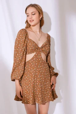 MICAS Long Sleeve Dresses|Mini Dresses-Indie All The Way Cut-Out Floral Mini Dress DARK ORANGE