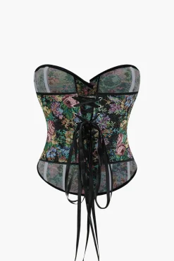 MICAS Tube Tops|Corset & Bustier Tops-Jacquard Corset Waist Contrast Binding Ribbon Tube Top BLACK