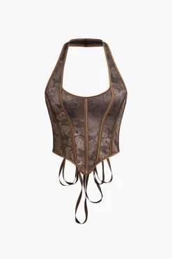 MICAS Corset & Bustier Tops-Jacquard Eyelet Tie Halter Corset Top