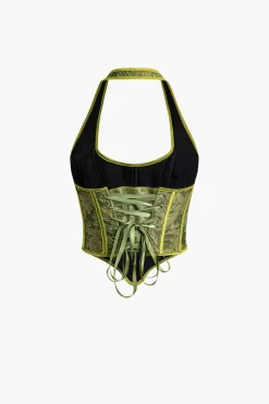 MICAS Corset & Bustier Tops-Jacquard Eyelet Tie Halter Corset Top