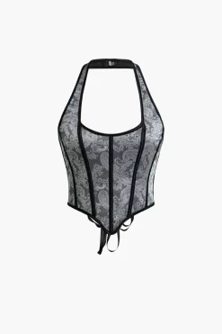 MICAS Corset & Bustier Tops-Jacquard Eyelet Tie Halter Corset Top