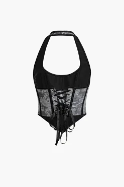 MICAS Corset & Bustier Tops-Jacquard Eyelet Tie Halter Corset Top