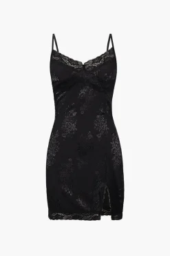 MICAS Mini Dresses-Jacquard Satin Lace Split Mini Dress BLACK