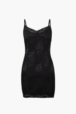 MICAS Mini Dresses-Jacquard Satin Lace Split Mini Dress BLACK